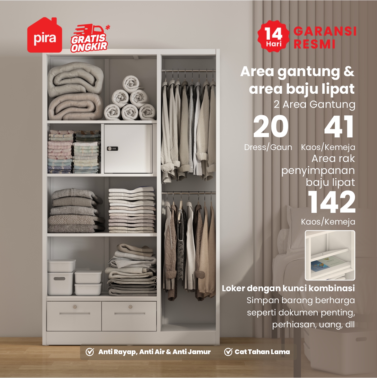PIRA -  STEEL 3P 2DR MWD LEMARI PAKAIAN BESI 3 PINTU DENGAN 2 LACI DAN CERMIN warna WHITE - PIRA - foto 2