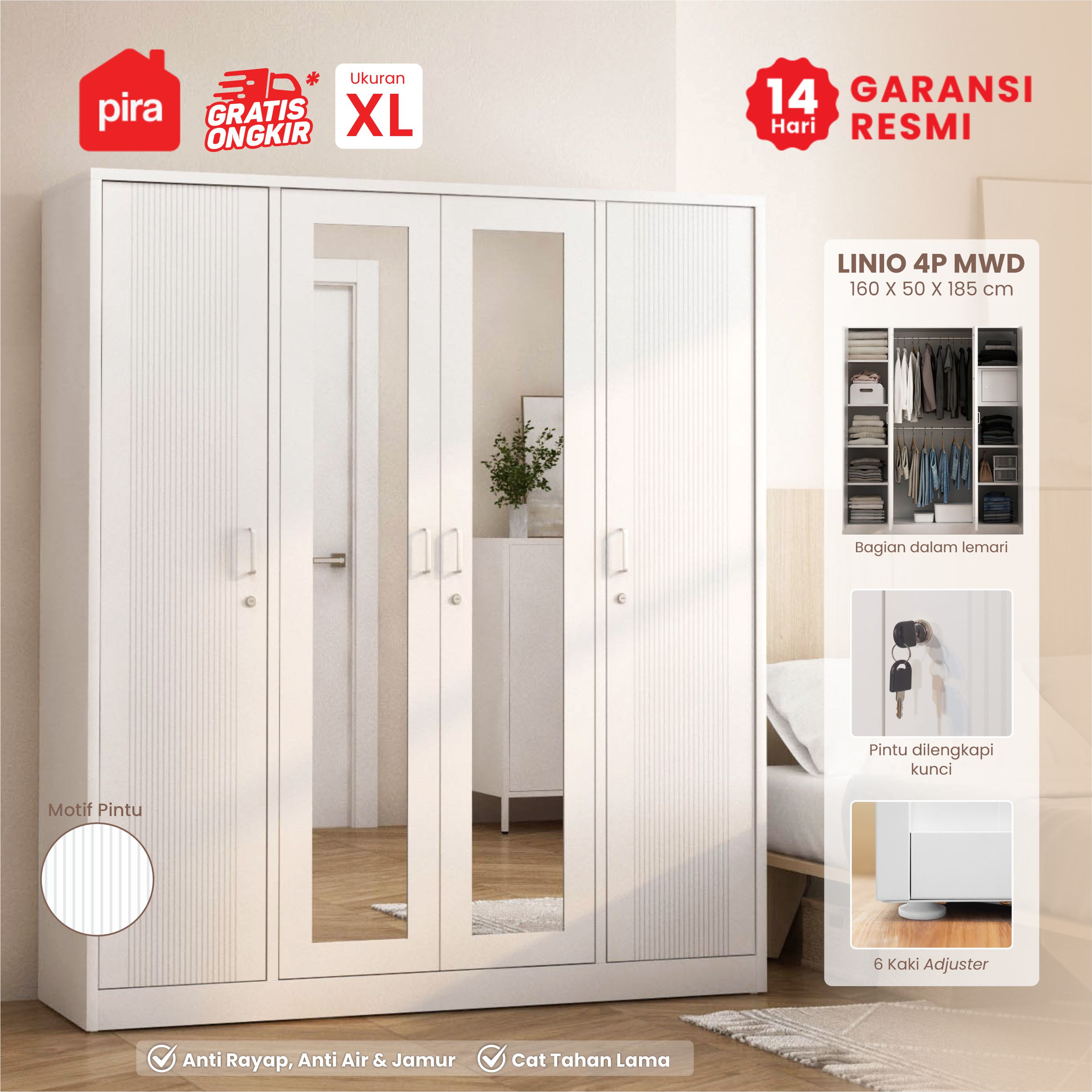 PIRA -  LINIO 4P MWD LEMARI PAKAIAN BESI 4 PINTU DENGAN CERMIN warna WHITE - PIRA - foto 1