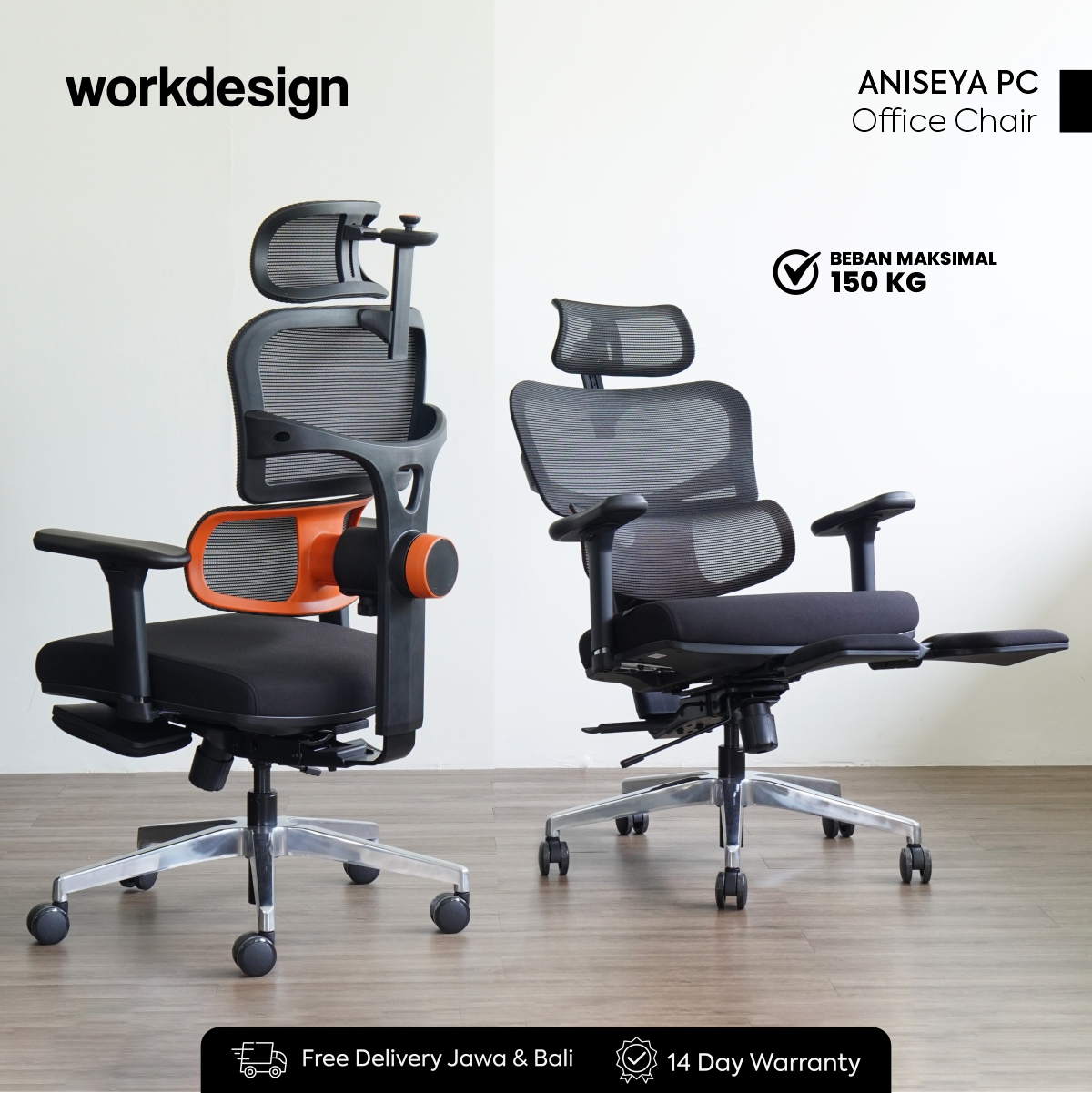 WORKDESIGN ANISEYA PC KURSI KANTOR / KURSI KERJA ERGONOMIS DENGAN LUMBAR SUPPORT warna BLACK - WORKDESIGN - foto 1