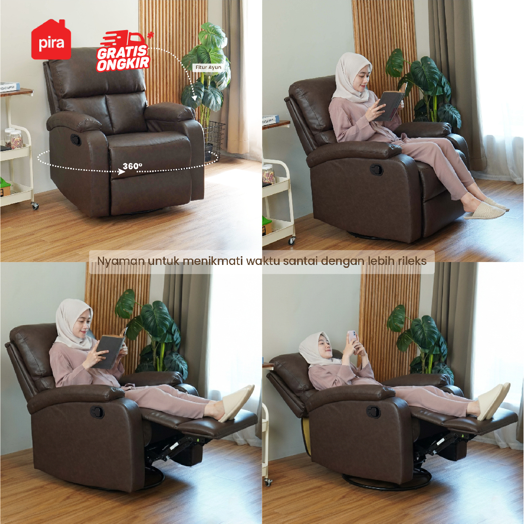 PIRA - GORO 1 RS SOFA / SOFA RECLINER / SOFA RECLINER 1 SEATER DENGAN FITUR ROCKING (AYUN) DAN SWIVEL warna DARK BROWN - PIRA - foto 3