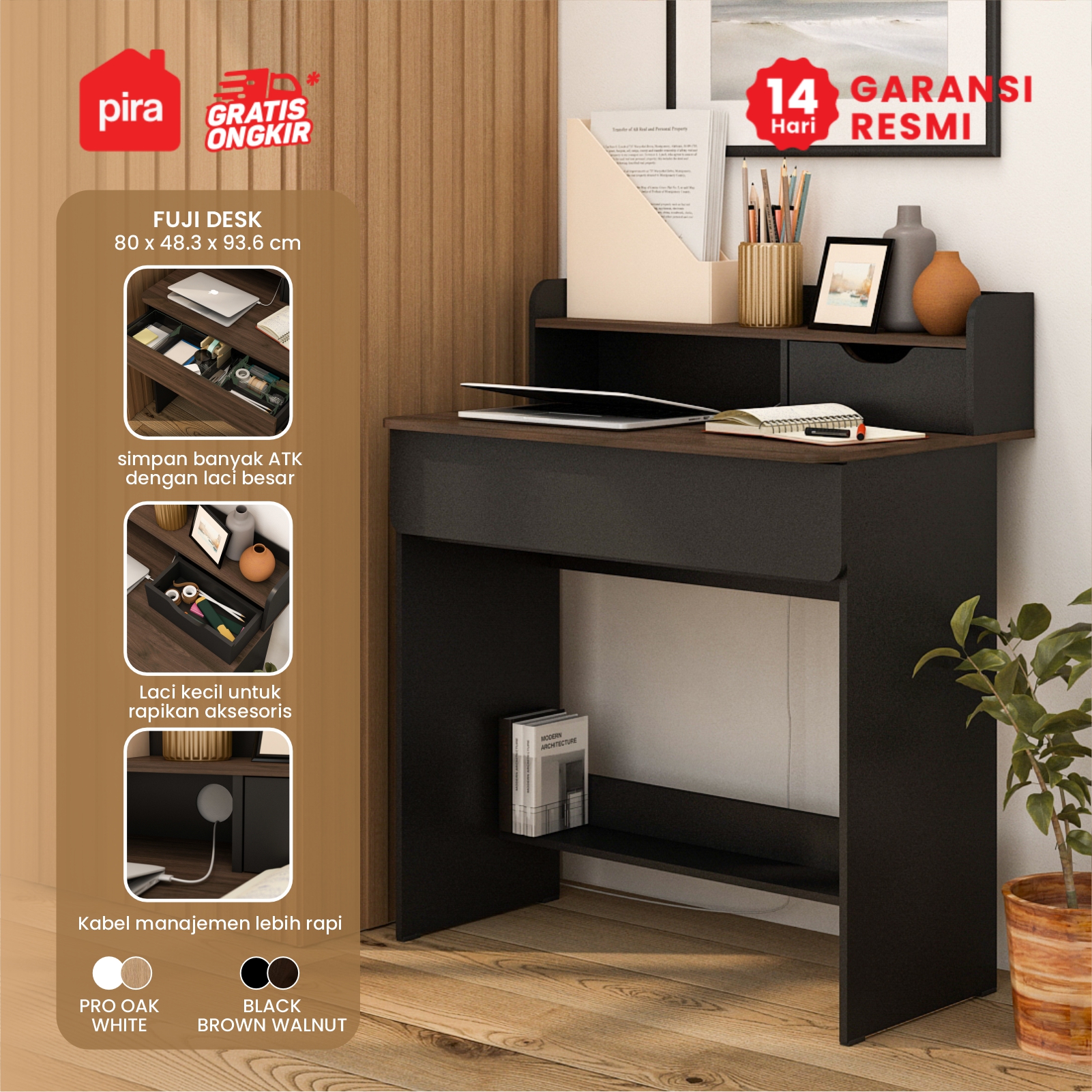 PIRA METROPOLIS OX -  FUJI DESK MEJA BELAJAR / MEJA KOMPUTER / MEJA KERJA warna BLACK - BROWN WALNUT - PRODESIGN - foto 1