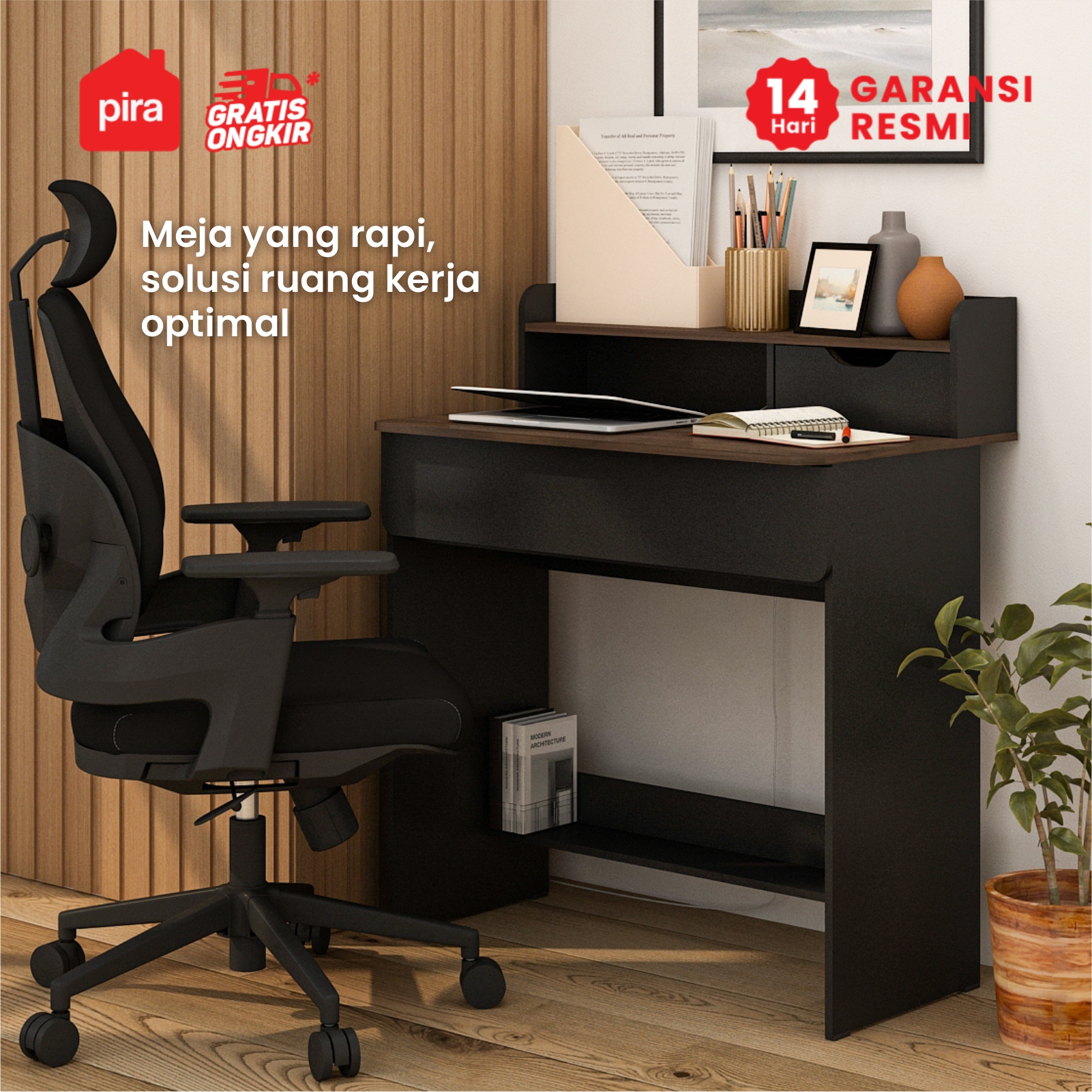 PIRA METROPOLIS OX -  FUJI DESK MEJA BELAJAR / MEJA KOMPUTER / MEJA KERJA warna BLACK - BROWN WALNUT - PRODESIGN - foto 2