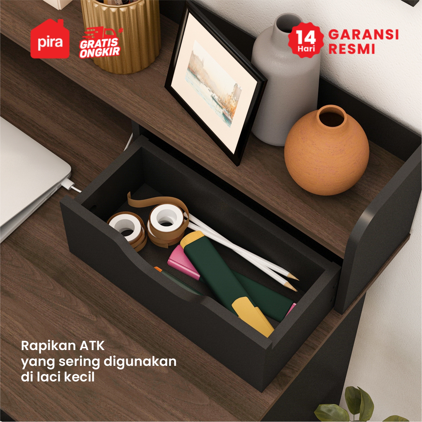 PIRA METROPOLIS OX -  FUJI DESK MEJA BELAJAR / MEJA KOMPUTER / MEJA KERJA warna BLACK - BROWN WALNUT - PRODESIGN - foto 4