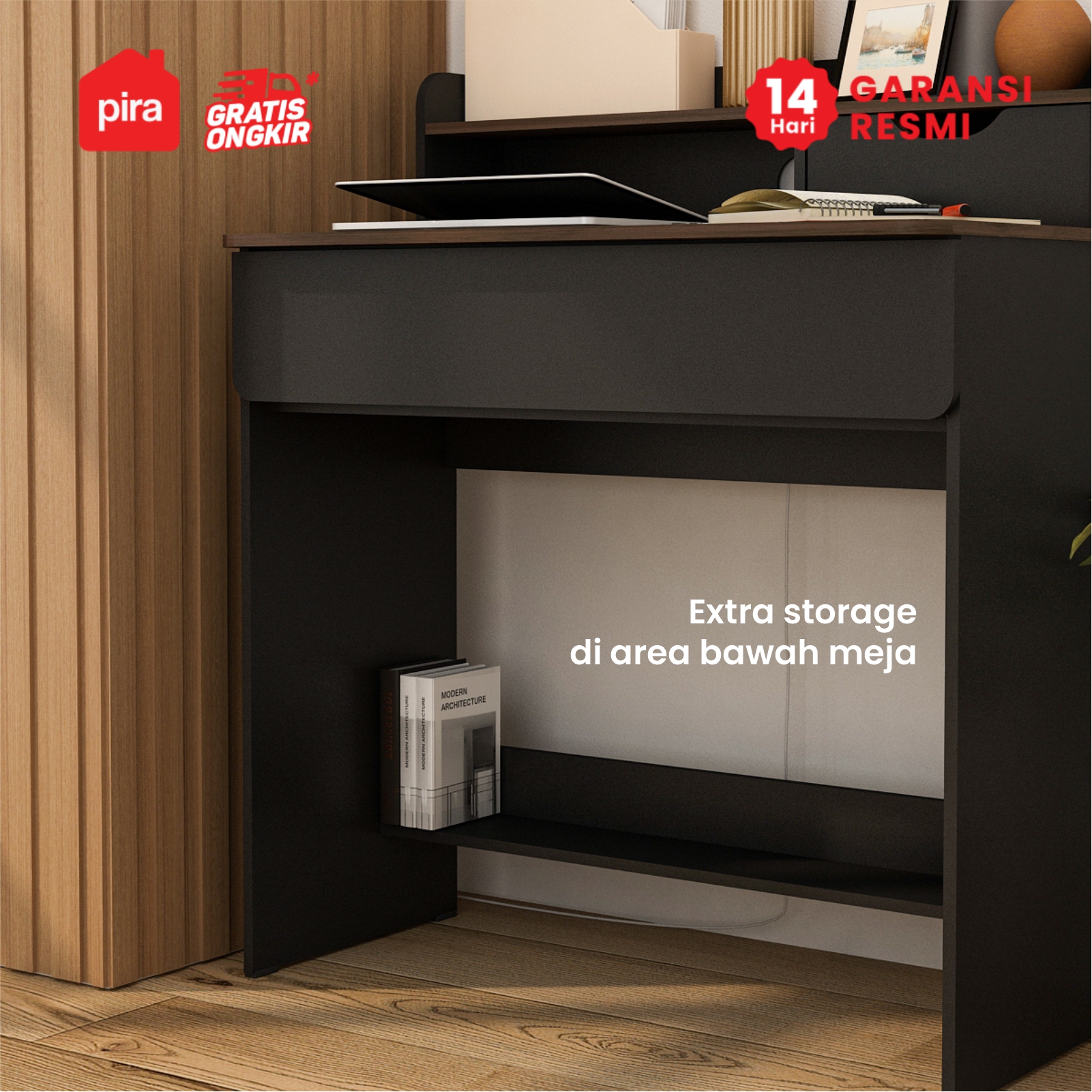 PIRA METROPOLIS OX -  FUJI DESK MEJA BELAJAR / MEJA KOMPUTER / MEJA KERJA warna BLACK - BROWN WALNUT - PRODESIGN - foto 6
