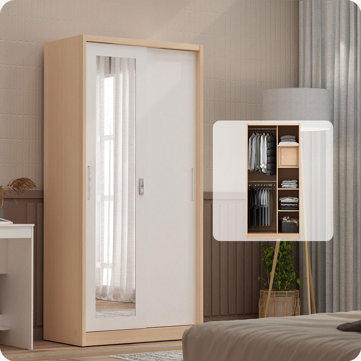 PIRA - ASHTON 90A MWDSL LEMARI PAKAIAN BESI SLIDING / GESER MOTIF KAYU warna LIGHT ASH - WHITE - PIRA - foto 1
