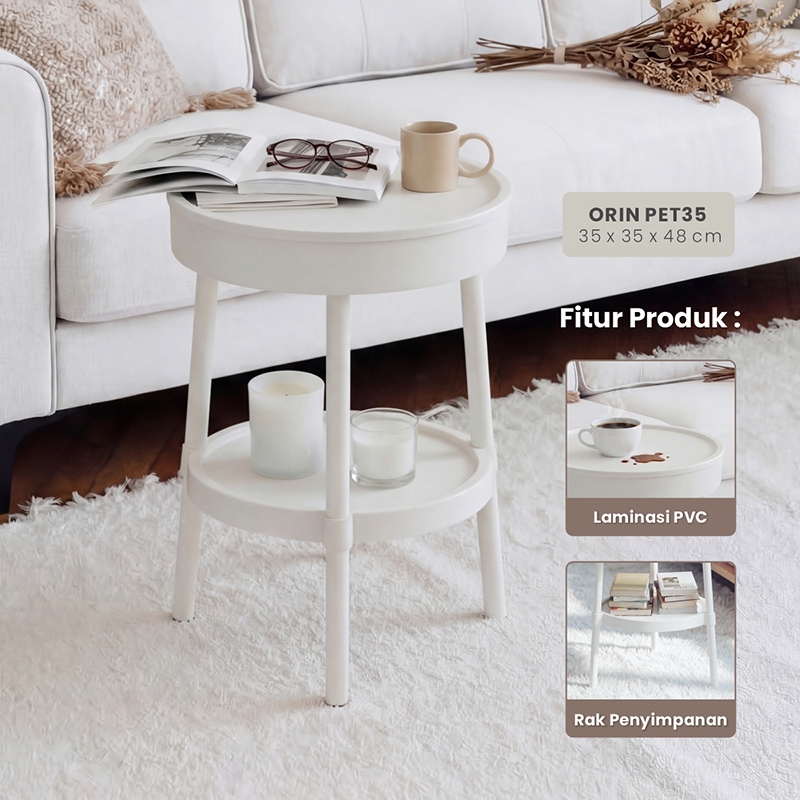 PIRA - ORIN PET35 MEJA SAMPING / MEJA NAKAS / MEJA KOPI / MEJA SUDUT / MEJA KECIL DENGAN PENYIMPANAN TERSEMBUNYI warna WHITE - PIRA - foto 1