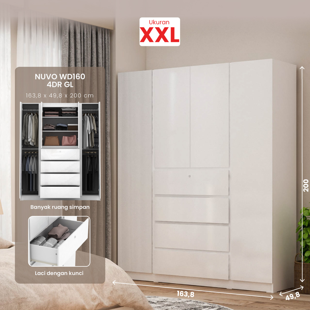 PIRA BAVARIAN - NUVO WD160 4DR LEMARI PAKAIAN 4 PINTU DENGAN LACI warna WHITE GLOSSY - BAVARIAN - foto 1