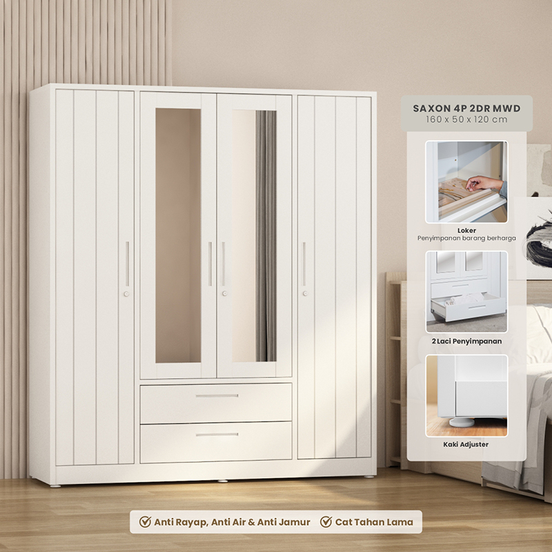 PIRA -  SAXON 4P 2DR MWD LEMARI PAKAIAN BESI 4 PINTU DENGAN CERMIN DAN 2 LACI warna WHITE - PIRA - foto 1