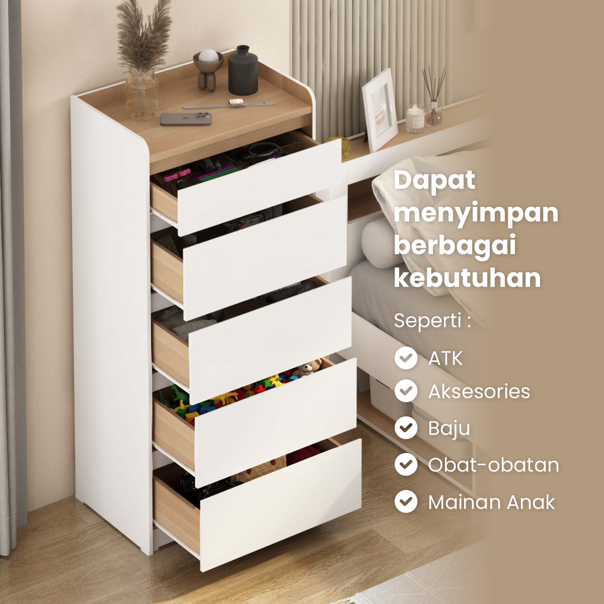 PIRA METROPOLIS - NILS CH5 LEMARI LACI 5 SUSUN / DRAWER / LEMARI SUSUN warna WHITE - PRO OAK - PIRA METROPOLIS - foto 2