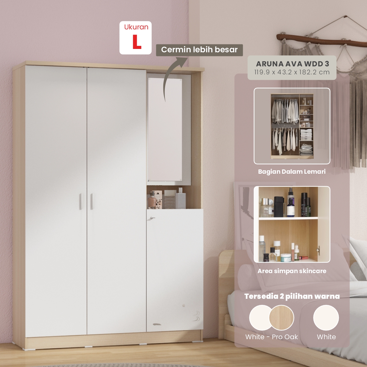 PIRA METROPOLIS OX - ARUNA AVA WDD 3 LEMARI PAKAIAN 3 PINTU DENGAN KACA RIAS warna PRO OAK - WHITE - PIRA METROPOLIS OX - foto 1