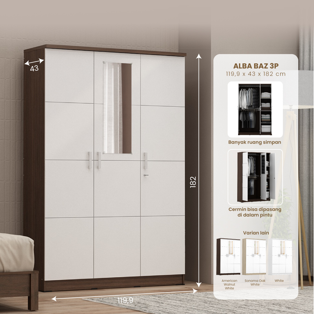 PIRA METROPOLIS - ALBA BAZ 3P LEMARI PAKAIAN 3 PINTU warna AMERICAN WALNUT - WHITE - METROPOLIS - foto 1