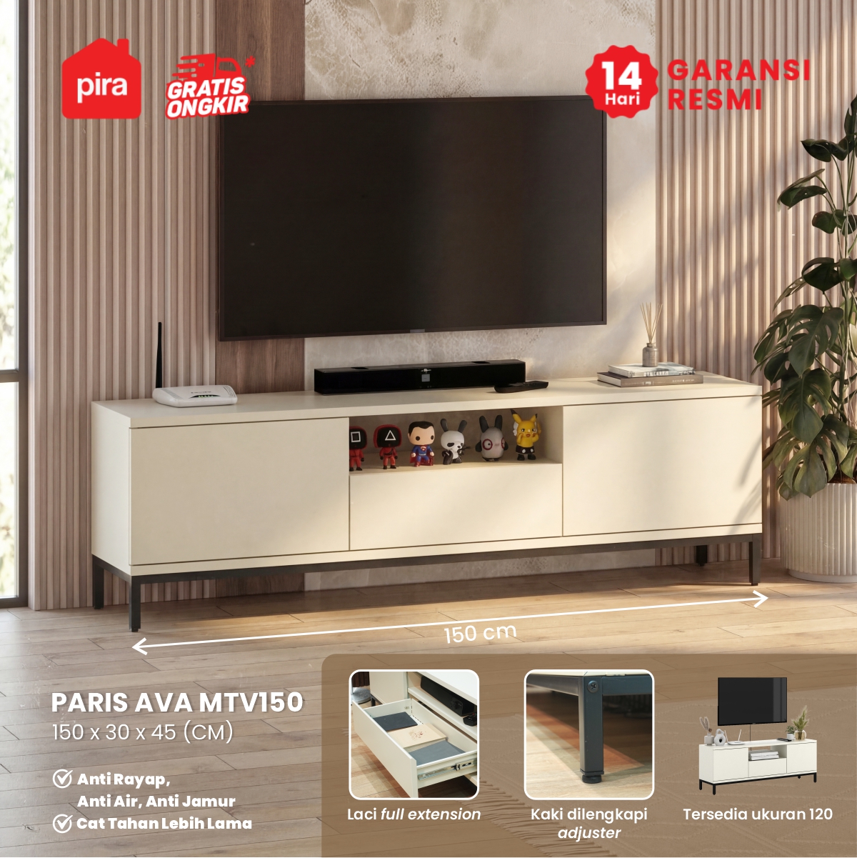 PIRA - PARIS AVA MTV150 MEJA TV / RAK TV BESI warna CREAM - BLACK - PIRA - foto 1