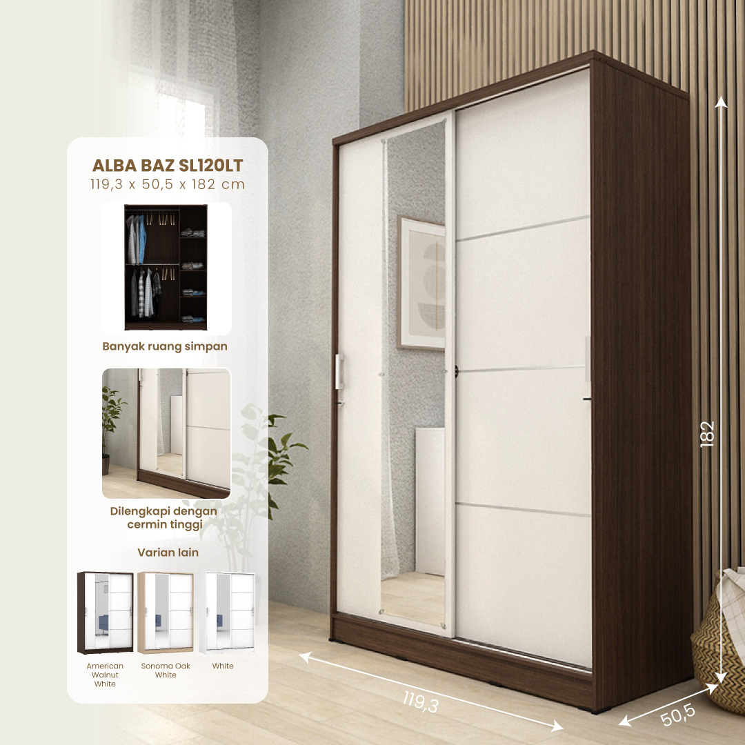 PIRA METROPOLIS - ALBA BAZ SL120LT LEMARI PAKAIAN 2 PINTU GESER warna AMERICAN WALNUT - WHITE - METROPOLIS - foto 1