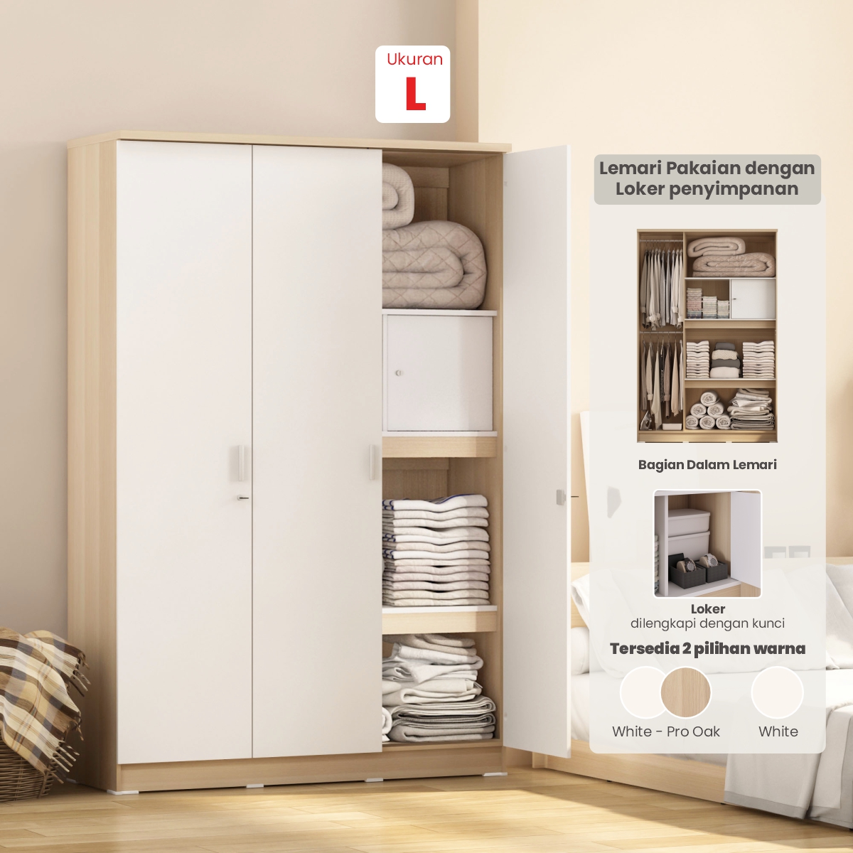 PIRA METROPOLIS OX - ARUNA 3PS LK LEMARI PAKAIAN 3 PINTU / LEMARI BAJU FULL RAK DENGAN LOKER PENYIMPANAN warna PRO OAK - WHITE - PIRA METROPOLIS - foto 1