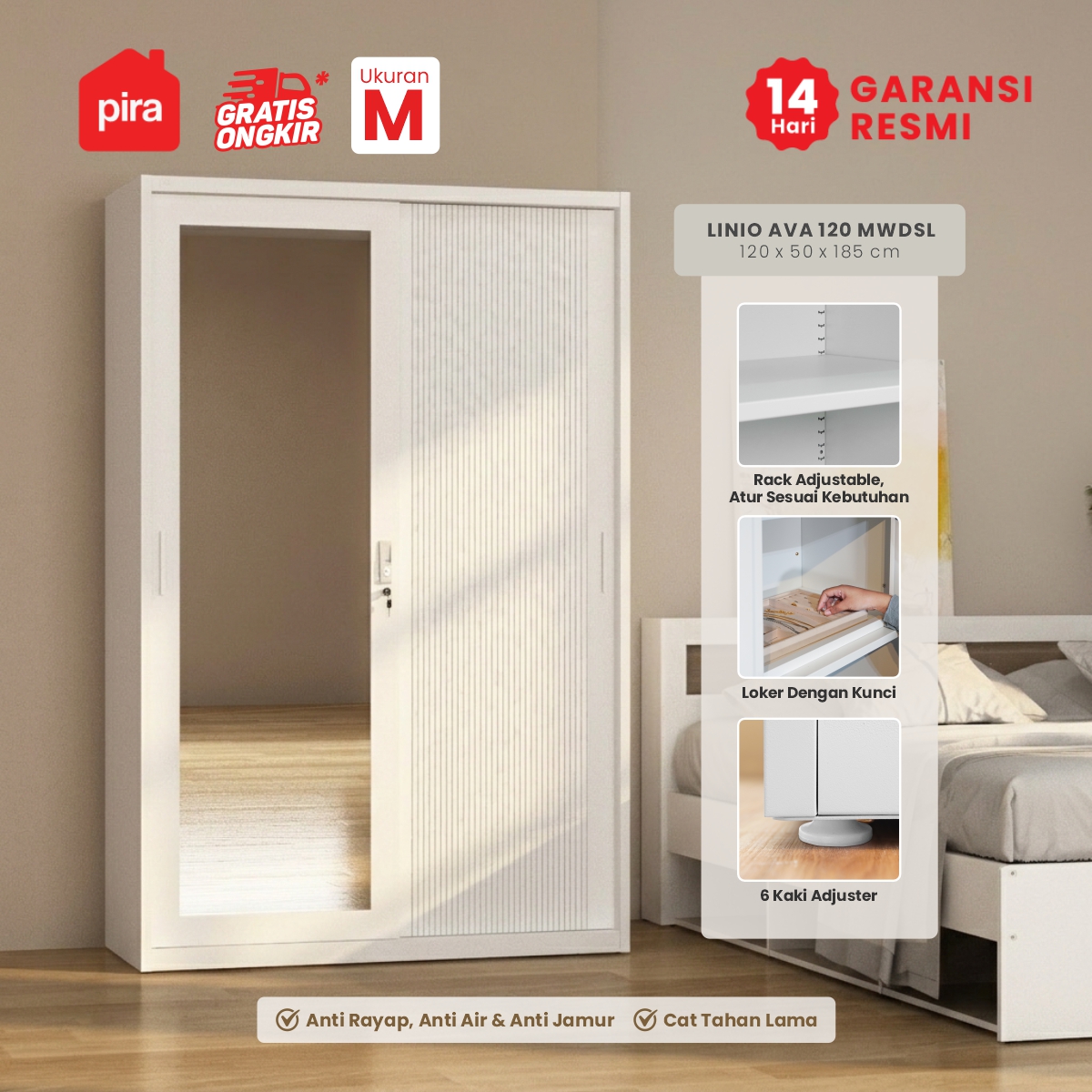 PIRA - LINIO AVA 120 MWDSL LEMARI PAKAIAN BESI SLIDING / PINTU GESER warna WHITE - PIRA - foto 1