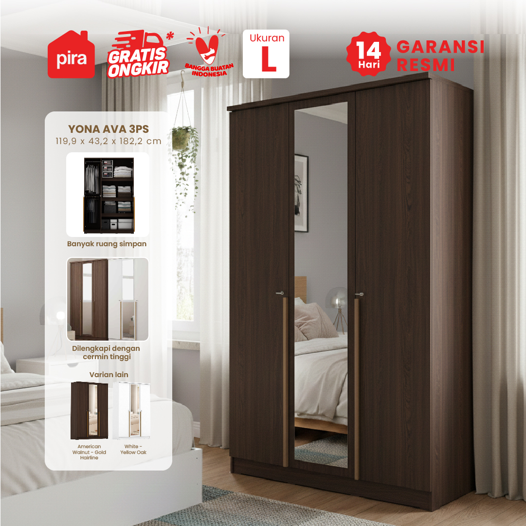 PIRA METROPOLIS -  YONA AVA 3PS LEMARI PAKAIAN 3 PINTU DENGAN LEBIH BANYAK RAK warna AMERICAN WALNUT - GOLD HAIRLINE - PIRA METROPOLIS - foto 1