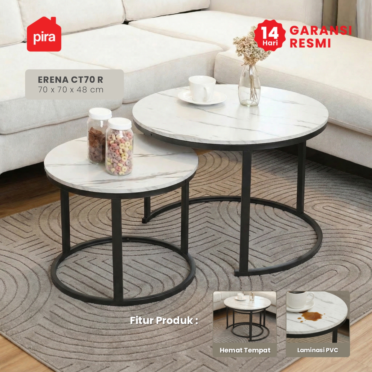 PIRA - ERENA CT70 R MEJA TAMU / MEJA TAMU 2 TINGKAT / MEJA KOPI / MEJA RUANG TAMU / MEJA SAMPING warna MARBLE - BLACK - PIRA - foto 1