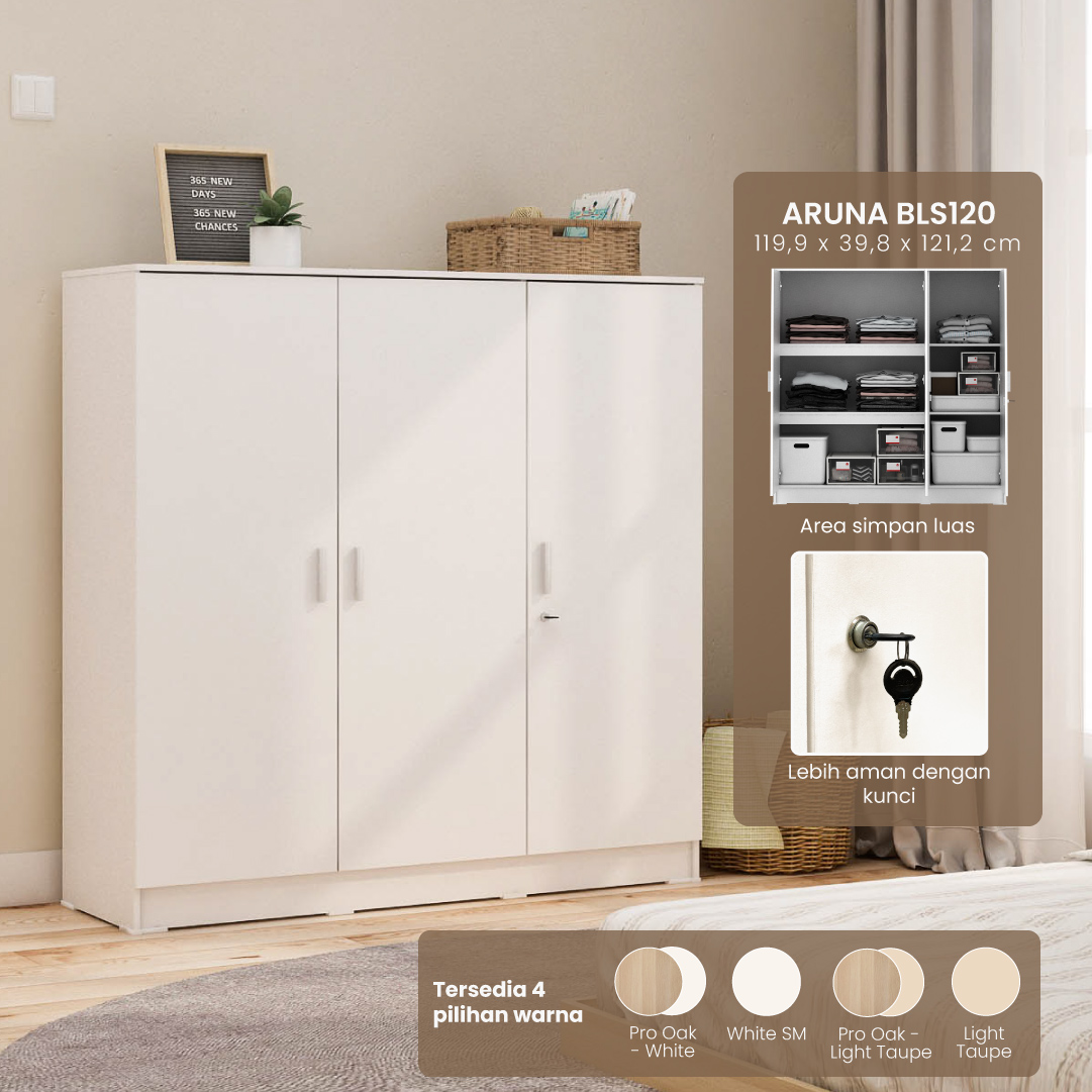 PIRA METROPOLIS OX - ARUNA BLS120 LEMARI PAKAIAN 3 PINTU FULL RAK warna WHITE - PIRA METROPOLIS OX - foto 1