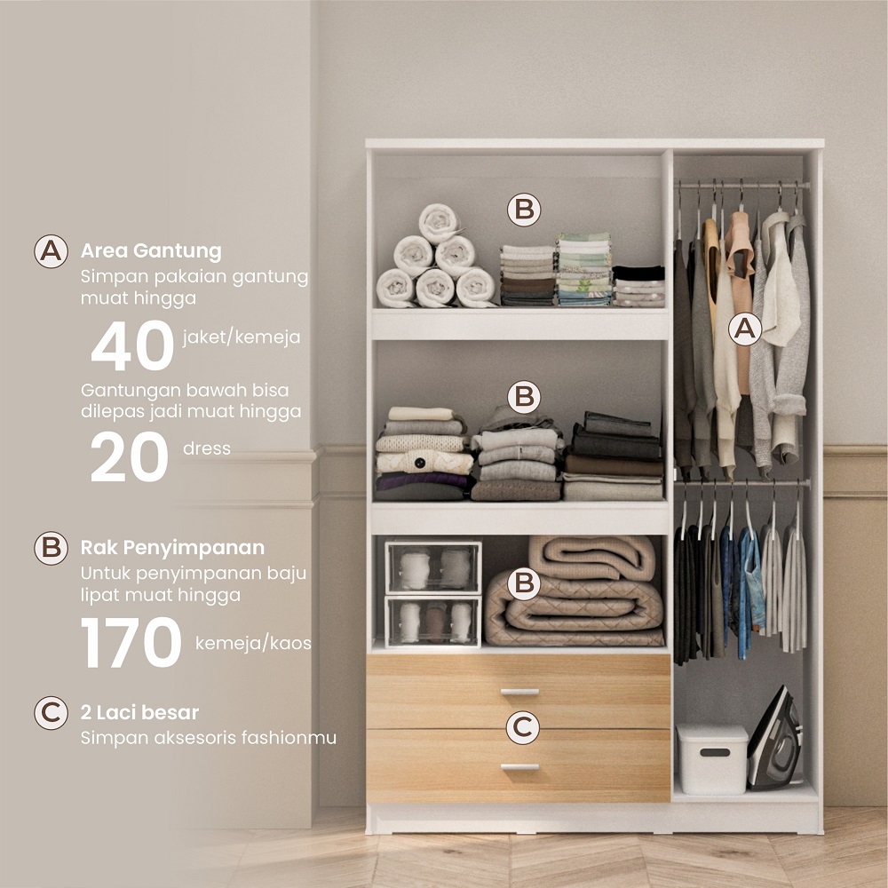 PIRA METROPOLIS OX - ASTA 3PS A LEMARI PAKAIAN 3 PINTU DENGAN 2 LACI / LEMARI BAJU warna WHITE - PRO OAK - PIRA METROPOLIS - foto 2