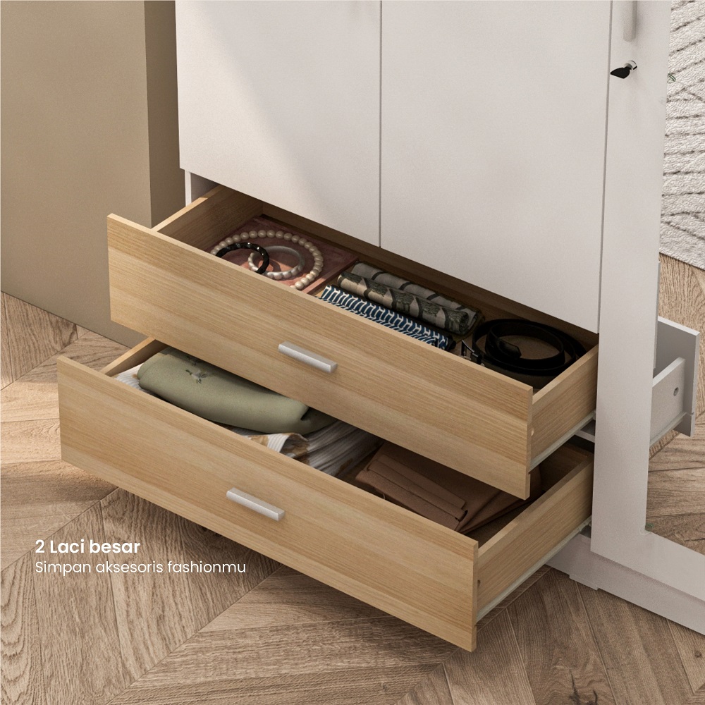 PIRA METROPOLIS OX - ASTA 3PS A LEMARI PAKAIAN 3 PINTU DENGAN 2 LACI / LEMARI BAJU warna WHITE - PRO OAK - PIRA METROPOLIS - foto 3