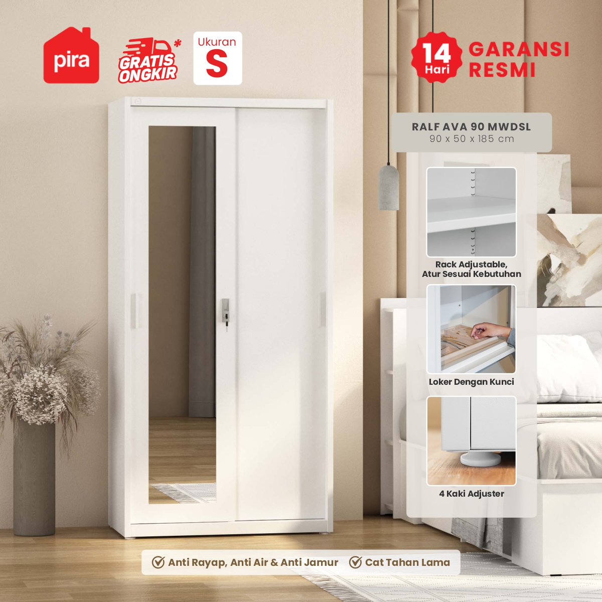 PIRA OX - RALF AVA 90 MWDSL LEMARI PAKAIAN BESI SLIDING / PINTU GESER warna WHITE - PIRA - foto 1