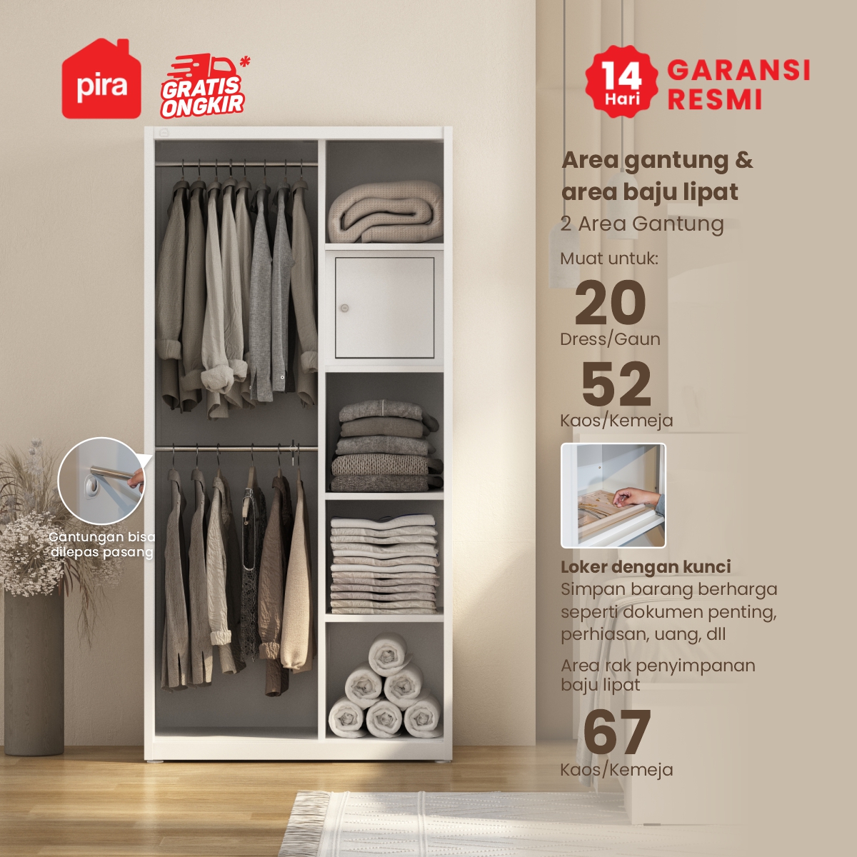 PIRA OX - RALF AVA 90 MWDSL LEMARI PAKAIAN BESI SLIDING / PINTU GESER warna WHITE - PIRA - foto 2