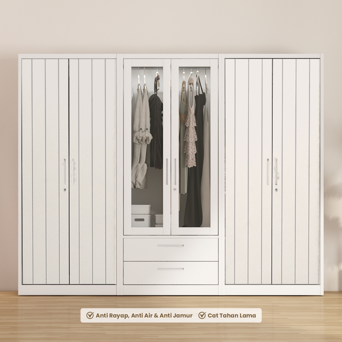 PIRA - SAXON 6P FGD MWD LEMARI PAKAIAN BESI 6 PINTU DENGAN LACI DAN LED warna WHITE - PIRA - foto 2