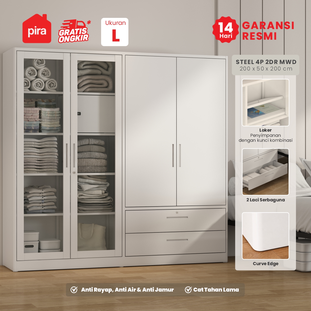 PIRA - STEEL 4P 2BDR MWD LEMARI PAKAIAN BESI 4 PINTU / LEMARI BAJU / LEMARI BESI JUMBO DENGAN 2 LACI DAN RAK DISPLAY warna WHITE - PIRA - foto 1