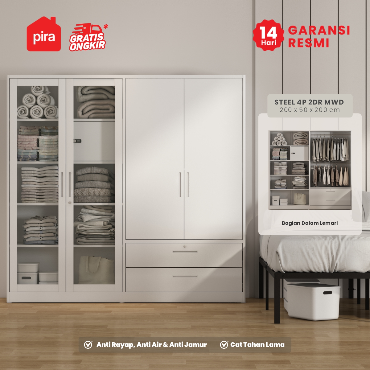 PIRA - STEEL 4P 2BDR MWD LEMARI PAKAIAN BESI 4 PINTU / LEMARI BAJU / LEMARI BESI JUMBO DENGAN 2 LACI DAN RAK DISPLAY warna WHITE - PIRA - foto 2