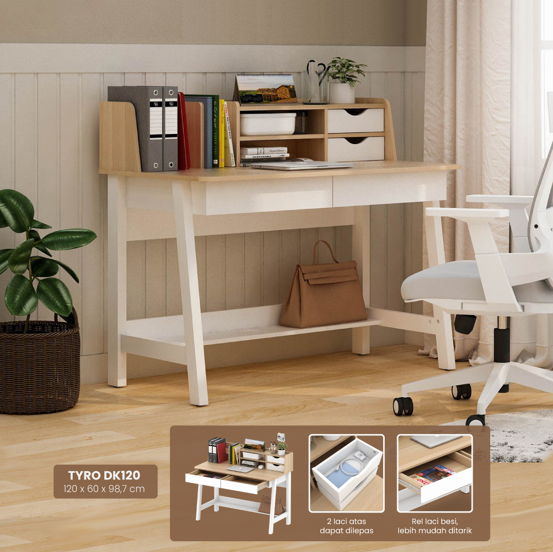 PIRA - TYRO DK120 MEJA KERJA / MEJA BELAJAR warna WHITE - PRO OAK - PIRA - foto 1