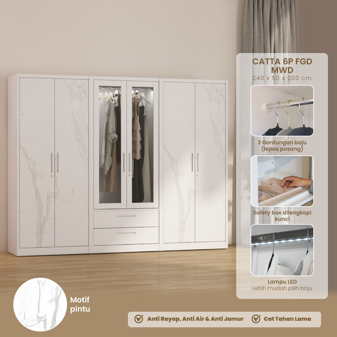 PIRA - CATTA 6P FGD MWD LEMARI PAKAIAN BESI 6 PINTU DENGAN LACI DAN LED warna WHITE - PIRA - foto 1