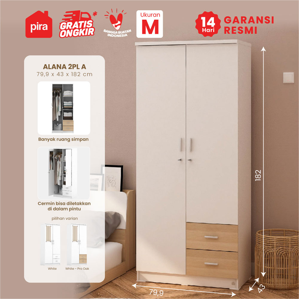 PIRA METROPOLIS - ALANA 2PL A LEMARI PAKAIAN 2 PINTU warna WHITE - PRO OAK - PIRA METROPOLIS - foto 1