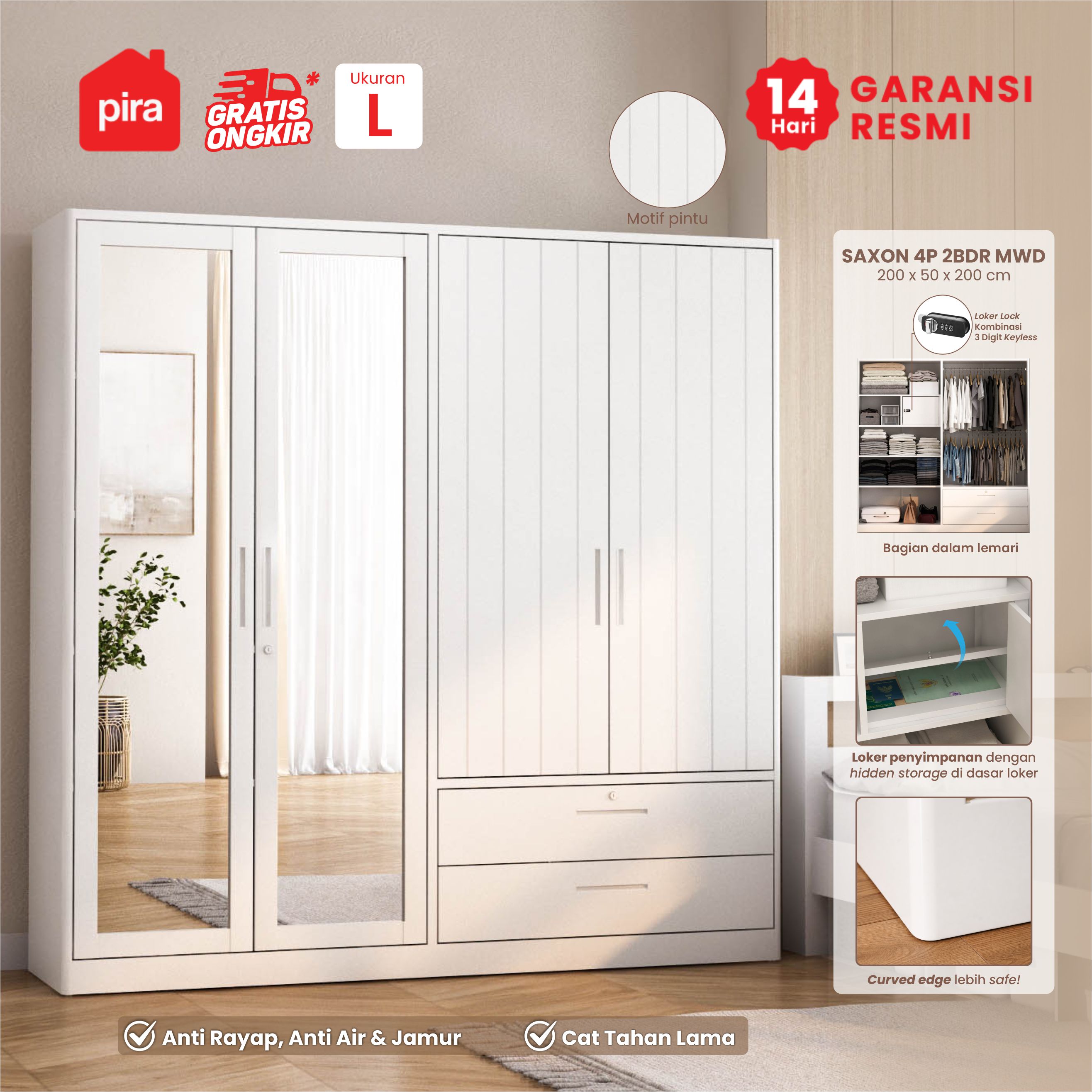 PIRA - SAXON 4P 2BDR MWD LEMARI PAKAIAN BESI 4 PINTU / LEMARI BAJU / LEMARI BESI JUMBO DENGAN 2 LACI DAN RAK DISPLAY warna WHITE - PIRA - foto 1