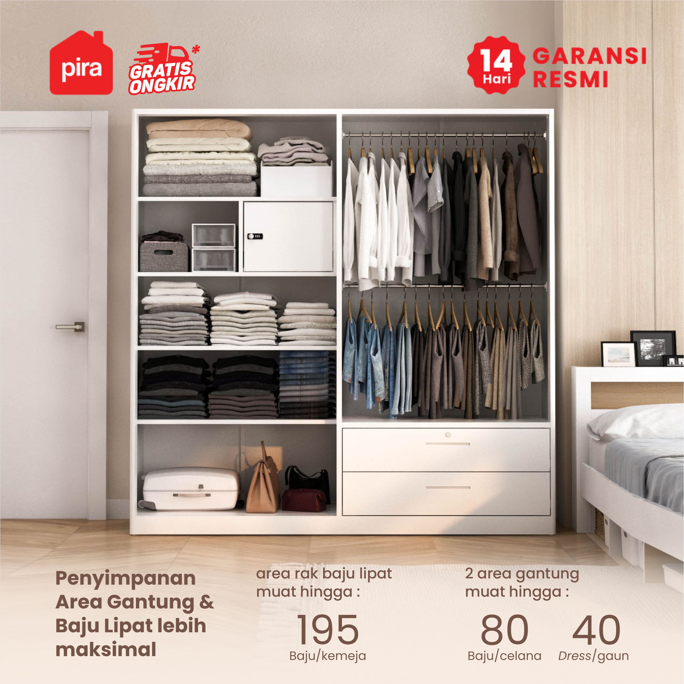 PIRA - SAXON 4P 2BDR MWD LEMARI PAKAIAN BESI 4 PINTU / LEMARI BAJU / LEMARI BESI JUMBO DENGAN 2 LACI DAN RAK DISPLAY warna WHITE - PIRA - foto 2