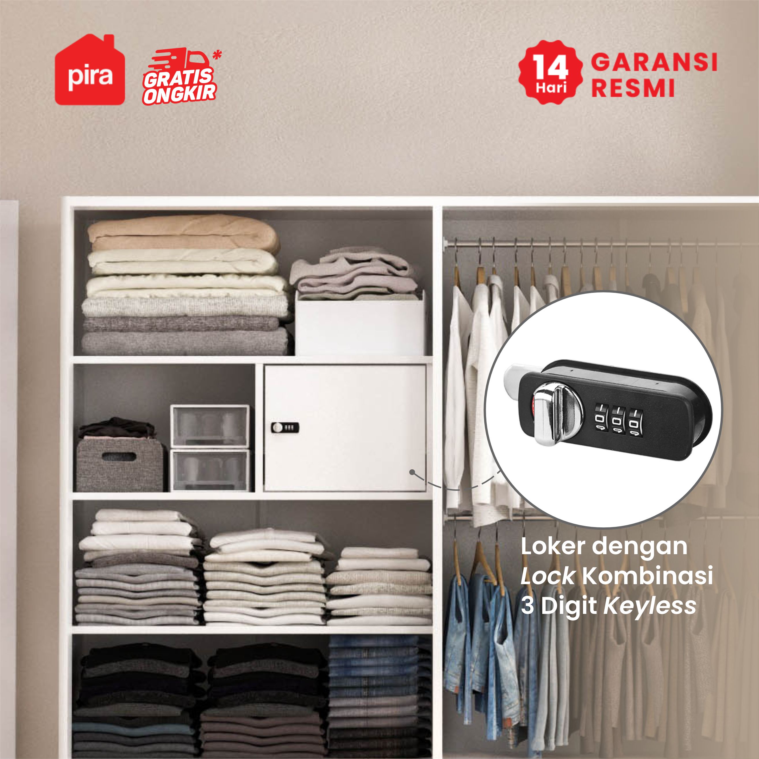 PIRA - SAXON 4P 2BDR MWD LEMARI PAKAIAN BESI 4 PINTU / LEMARI BAJU / LEMARI BESI JUMBO DENGAN 2 LACI DAN RAK DISPLAY warna WHITE - PIRA - foto 3