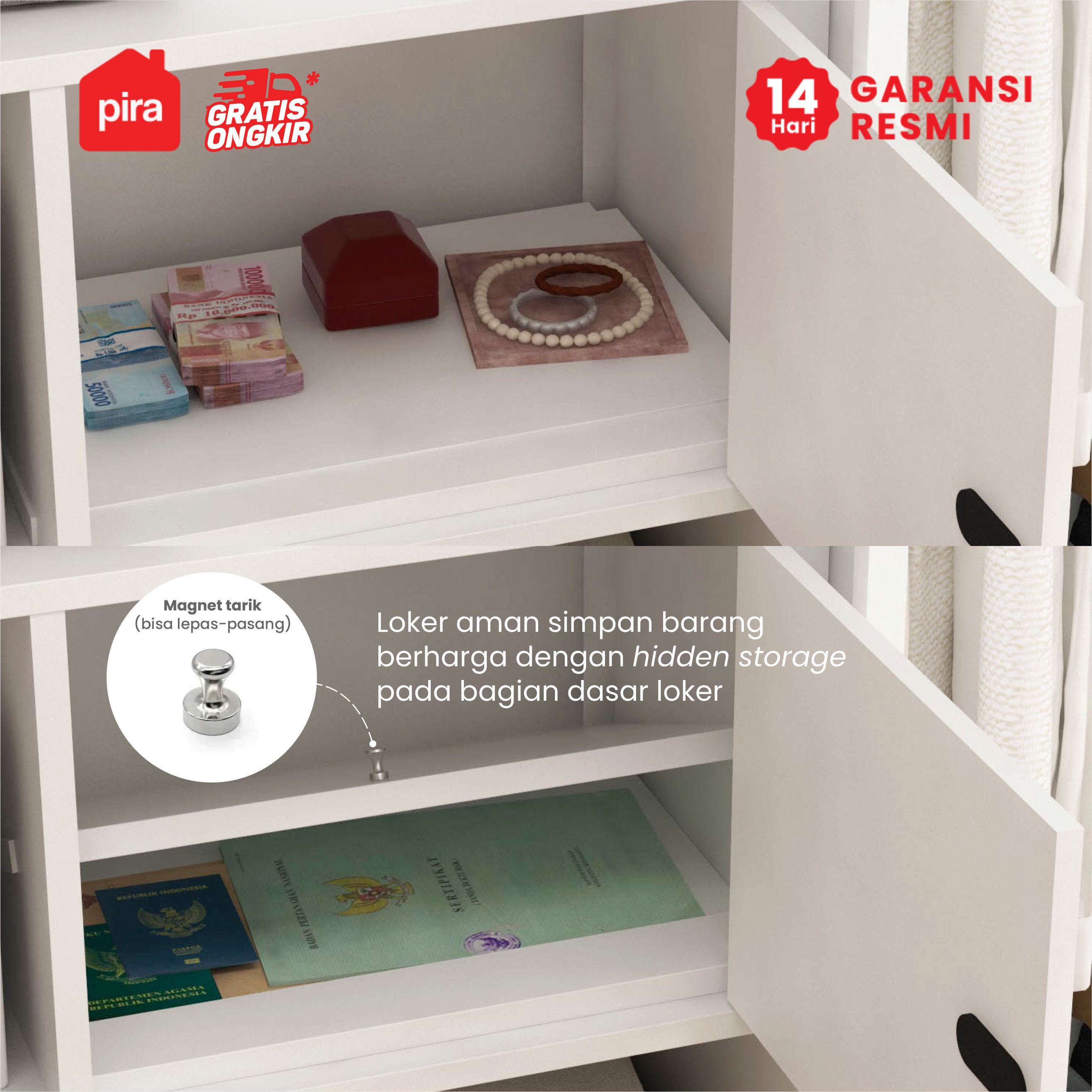 PIRA - SAXON 4P 2BDR MWD LEMARI PAKAIAN BESI 4 PINTU / LEMARI BAJU / LEMARI BESI JUMBO DENGAN 2 LACI DAN RAK DISPLAY warna WHITE - PIRA - foto 4