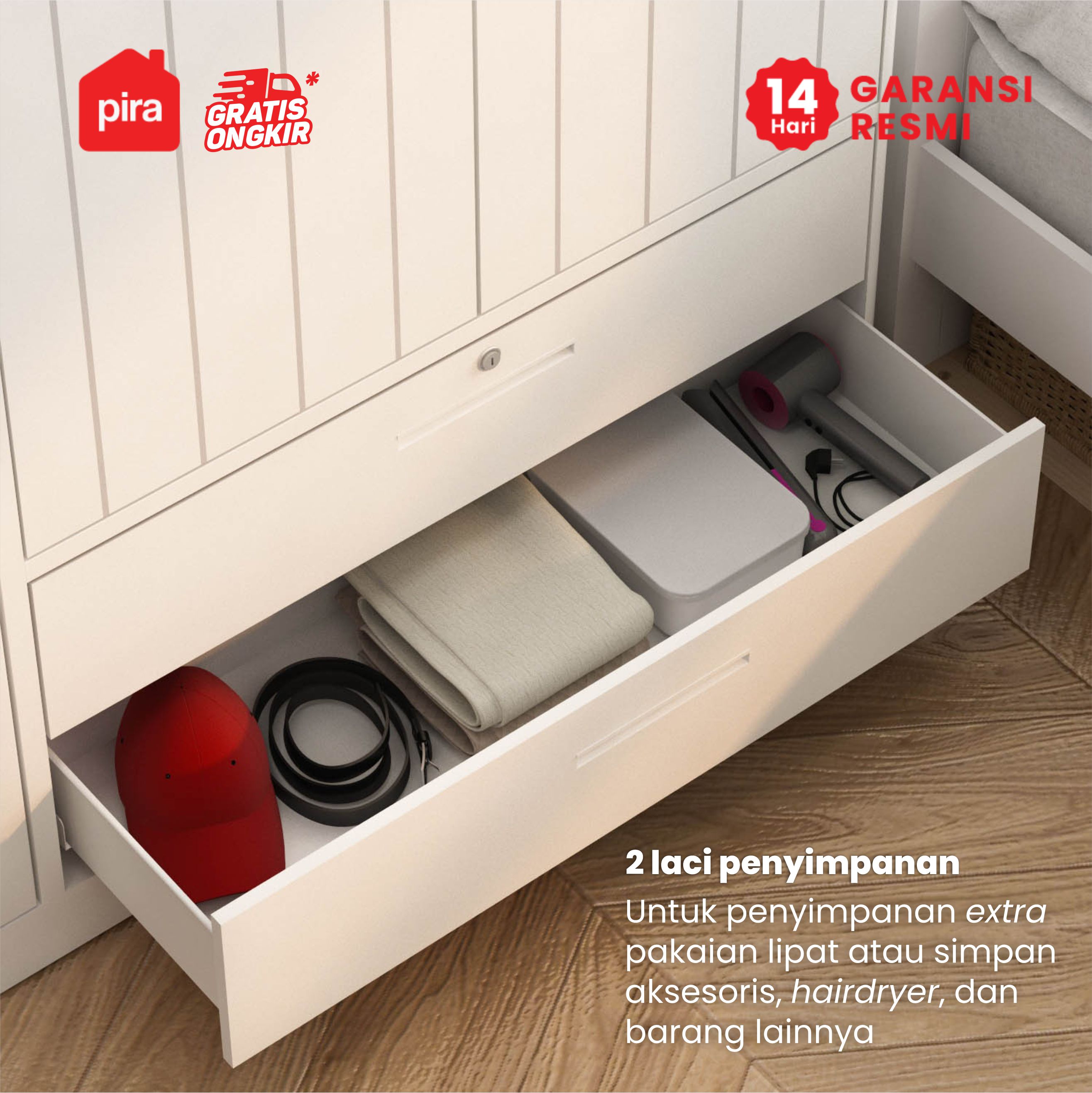 PIRA - SAXON 4P 2BDR MWD LEMARI PAKAIAN BESI 4 PINTU / LEMARI BAJU / LEMARI BESI JUMBO DENGAN 2 LACI DAN RAK DISPLAY warna WHITE - PIRA - foto 5