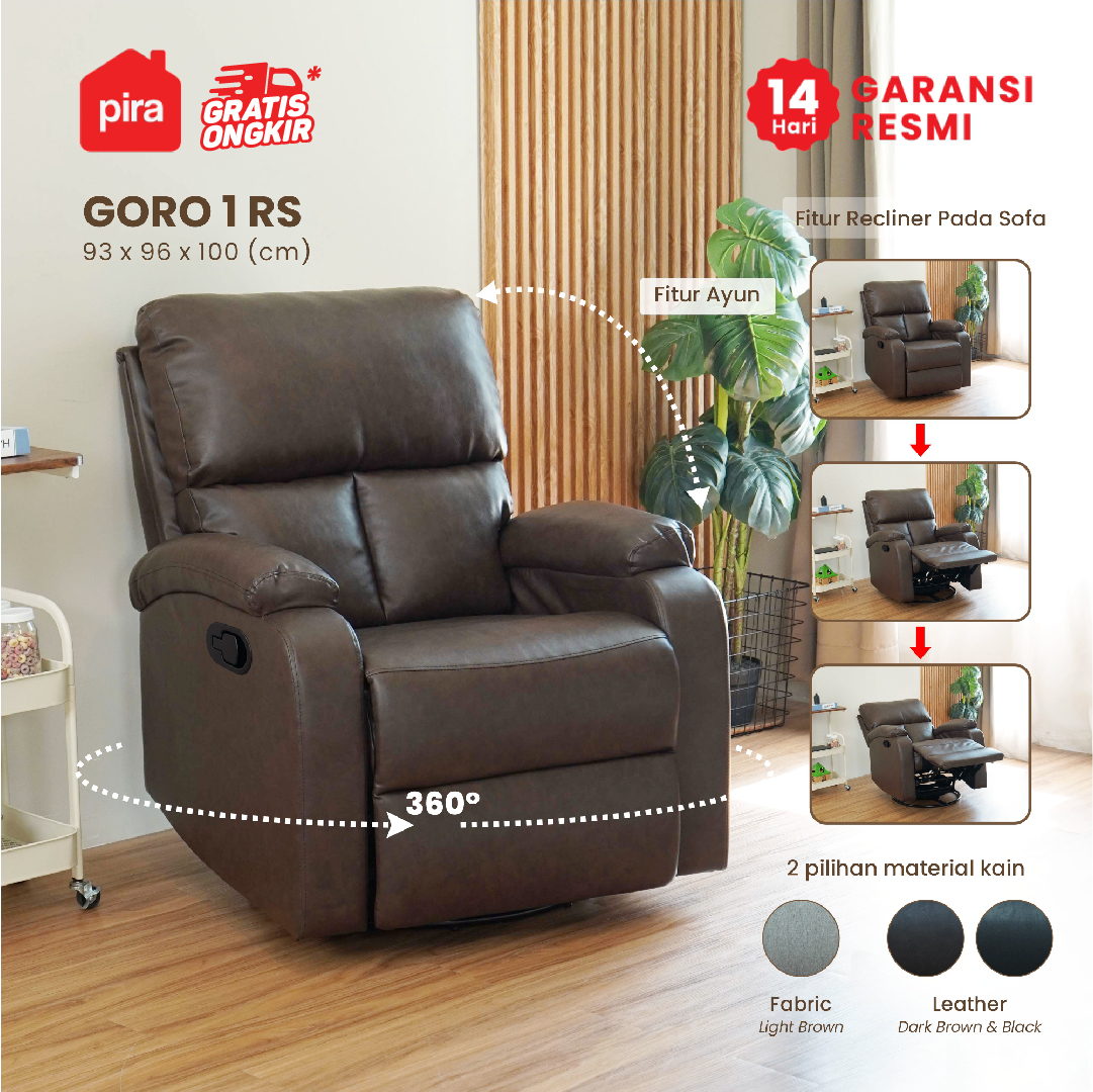 PIRA - GORO 1 RS SOFA / SOFA RECLINER / SOFA RECLINER 1 SEATER DENGAN FITUR ROCKING (AYUN) DAN SWIVEL warna DARK BROWN - PIRA - foto 1