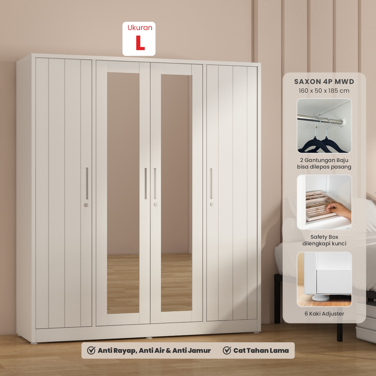 PIRA -  SAXON 4P MWD LEMARI PAKAIAN BESI 4 PINTU DENGAN CERMIN warna WHITE - PIRA - foto 1