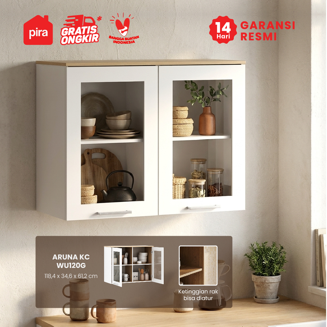 PIRA METROPOLIS OX -  ARUNA KC WU80G RAK DAPUR / RAK GANTUNG DAPUR / KITCHEN SET ATAS 2 PINTU KACA warna WHITE - PRO OAK - PIRA METROPOLIS OX - foto 1