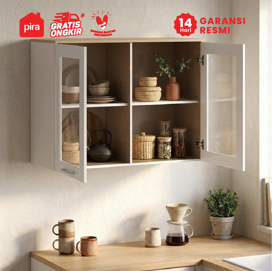 PIRA METROPOLIS OX -  ARUNA KC WU80G RAK DAPUR / RAK GANTUNG DAPUR / KITCHEN SET ATAS 2 PINTU KACA warna WHITE - PRO OAK - PIRA METROPOLIS OX - foto 2
