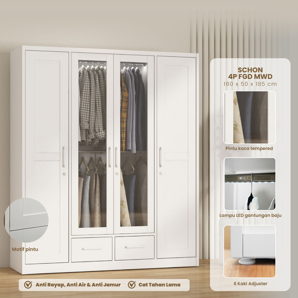PIRA - SCHON 4P FGD MWD LEMARI PAKAIAN BESI 4 PINTU DENGAN LACI DAN LED warna WHITE - PIRA - foto 1