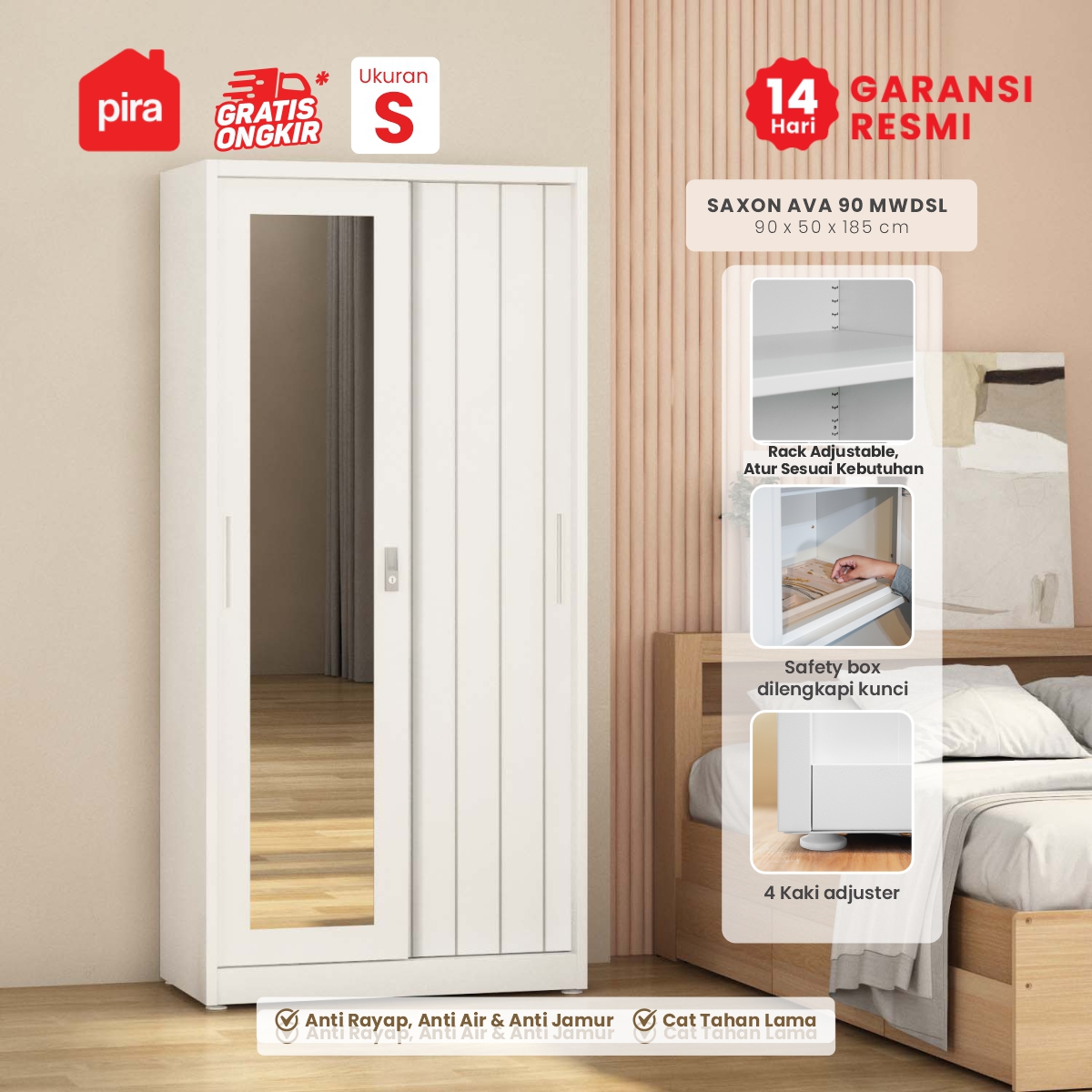 PIRA BAVARIAN -  SAXON AVA 90 MWDSL LEMARI PAKAIAN BESI SLIDING / PINTU GESER warna WHITE - PIRA - foto 1