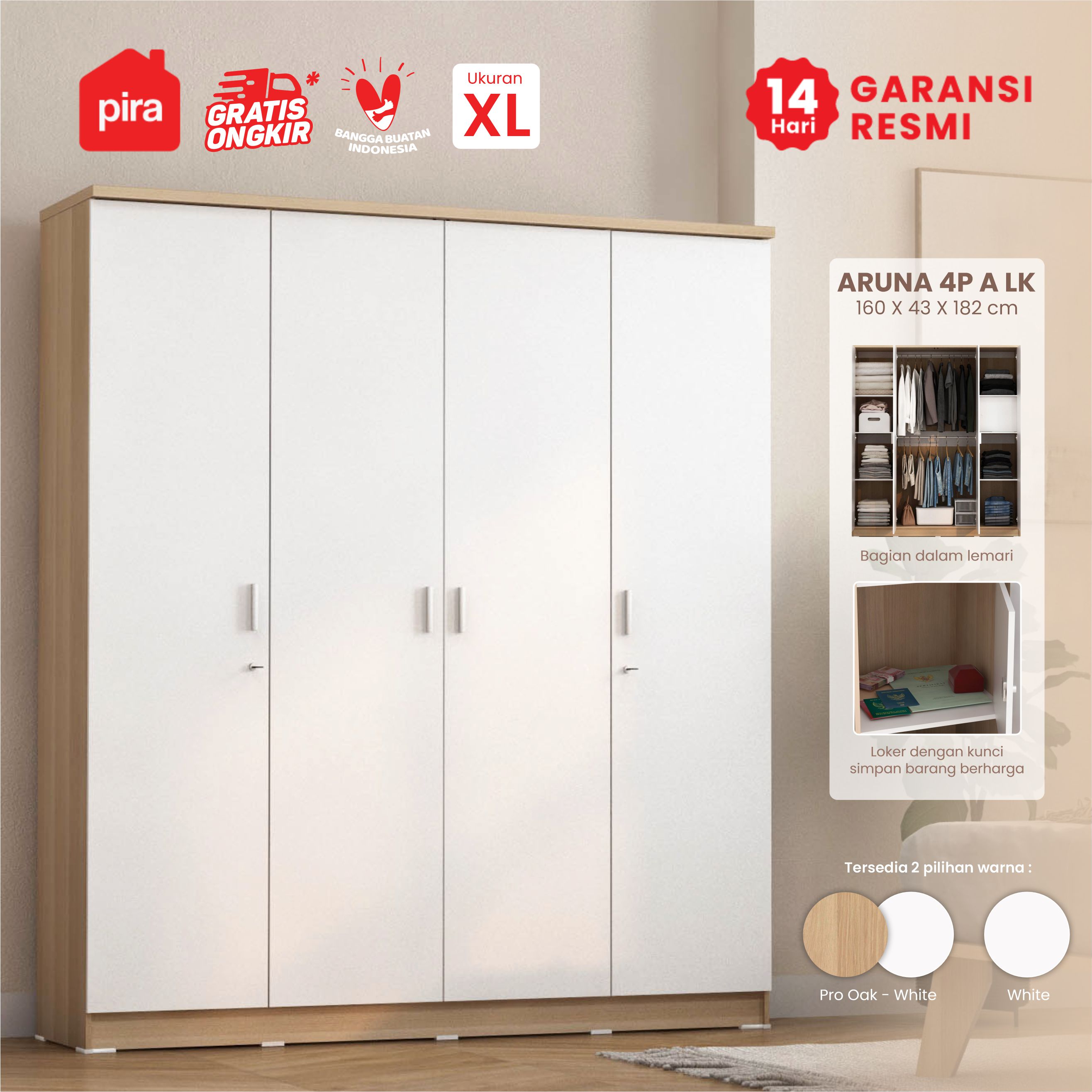 PIRA METROPOLIS OX - ARUNA 4P A LK LEMARI PAKAIAN 4 PINTU / LEMARI BAJU DENGAN LOKER PENYIMPANAN warna PRO OAK - WHITE - PIRA METROPOLIS OX - foto 1
