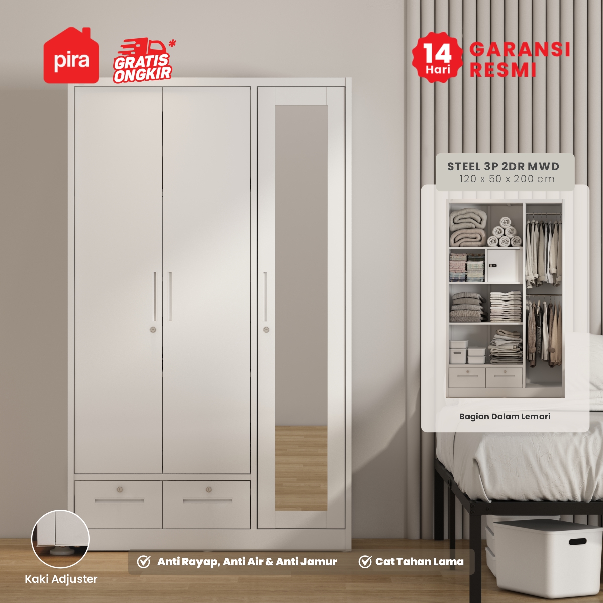 PIRA -  STEEL 3P 2DR MWD LEMARI PAKAIAN BESI 3 PINTU DENGAN 2 LACI DAN CERMIN warna WHITE - PIRA - foto 3
