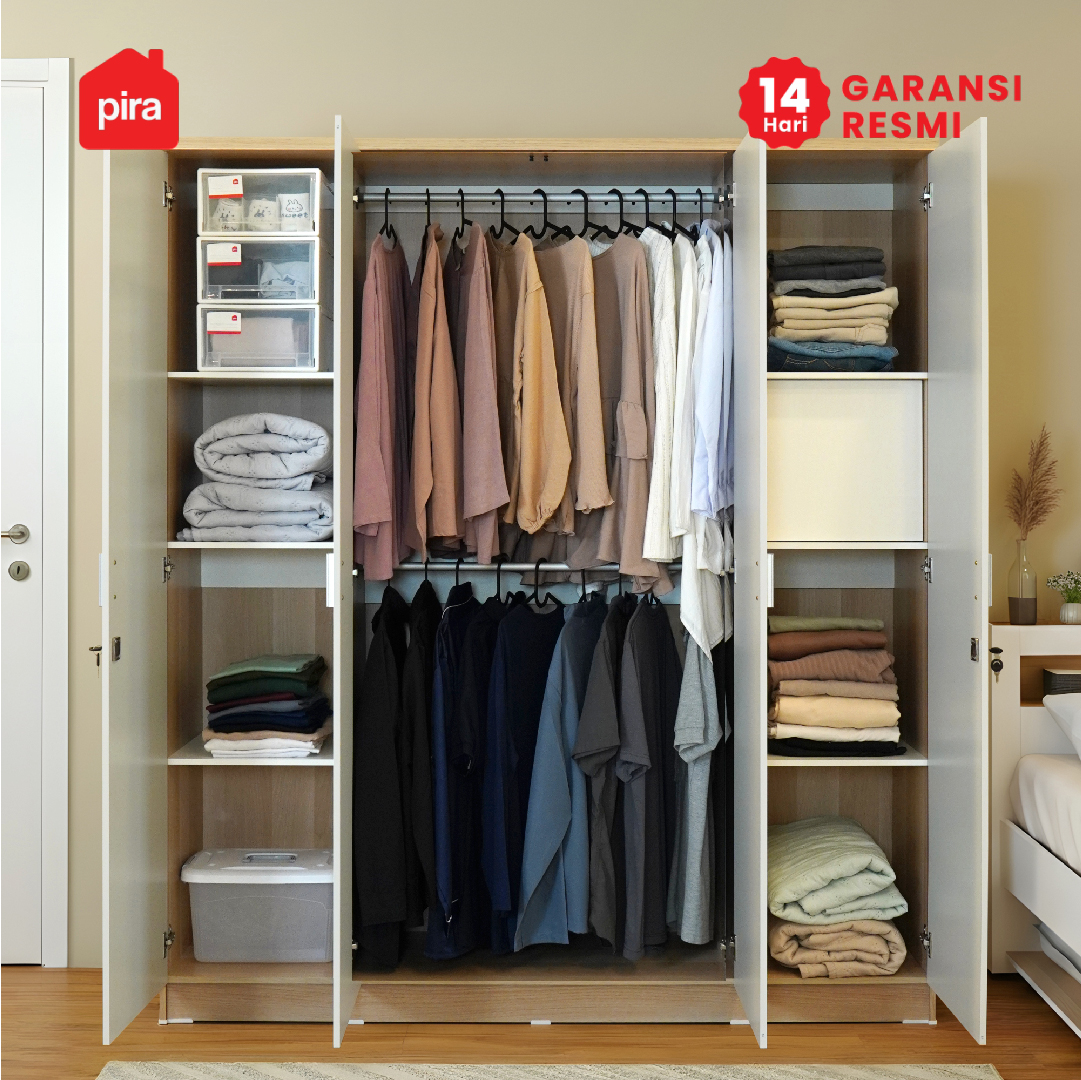 PIRA METROPOLIS OX - ARUNA 4P A LK LEMARI PAKAIAN 4 PINTU / LEMARI BAJU DENGAN LOKER PENYIMPANAN warna PRO OAK - WHITE - PIRA METROPOLIS OX - foto 6