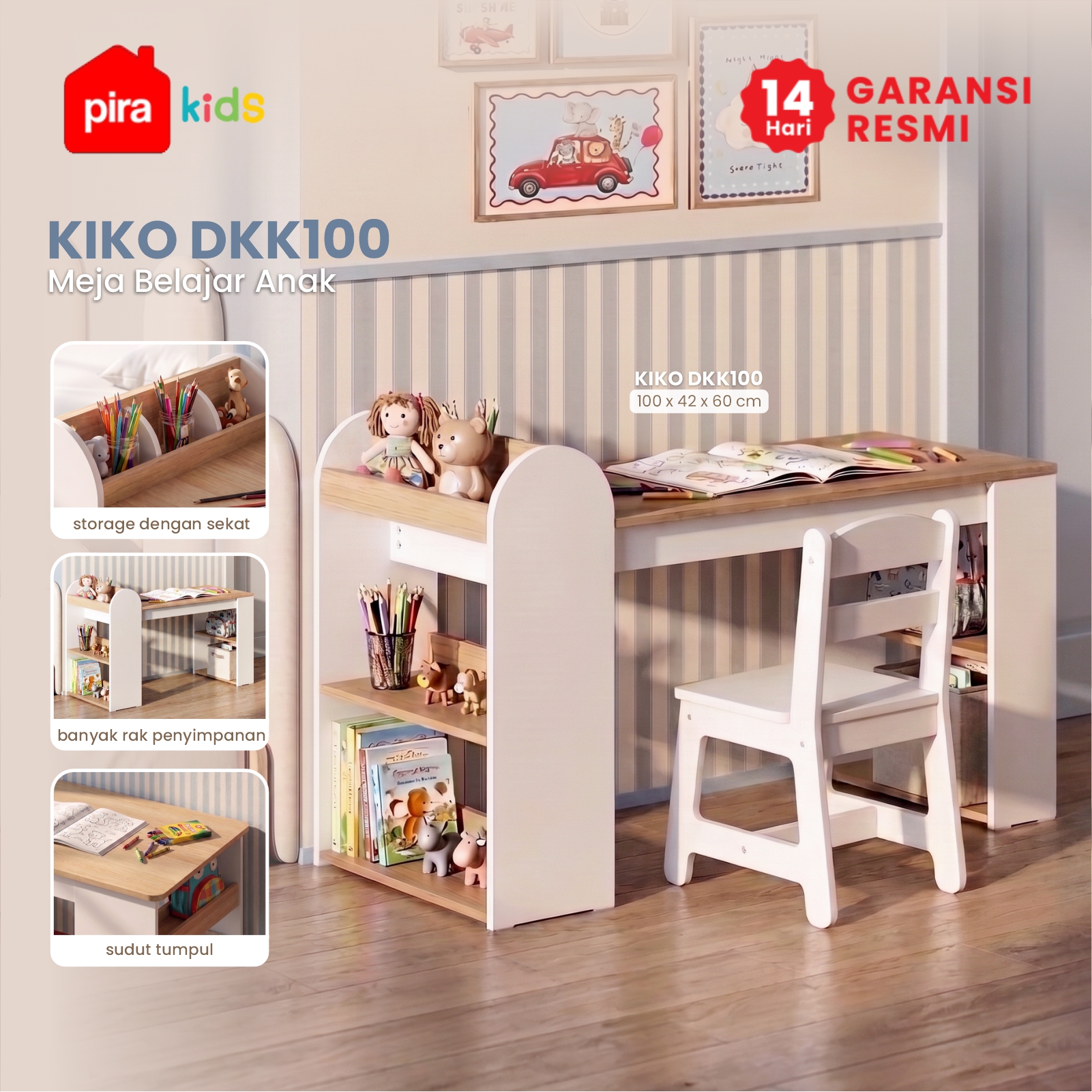 PIRA KIDS -  KIKO DKK100 MEJA BELAJAR ANAK DENGAN RAK BUKU warna WHITE SM - PRO OAK - PIRA KIDS - foto 1