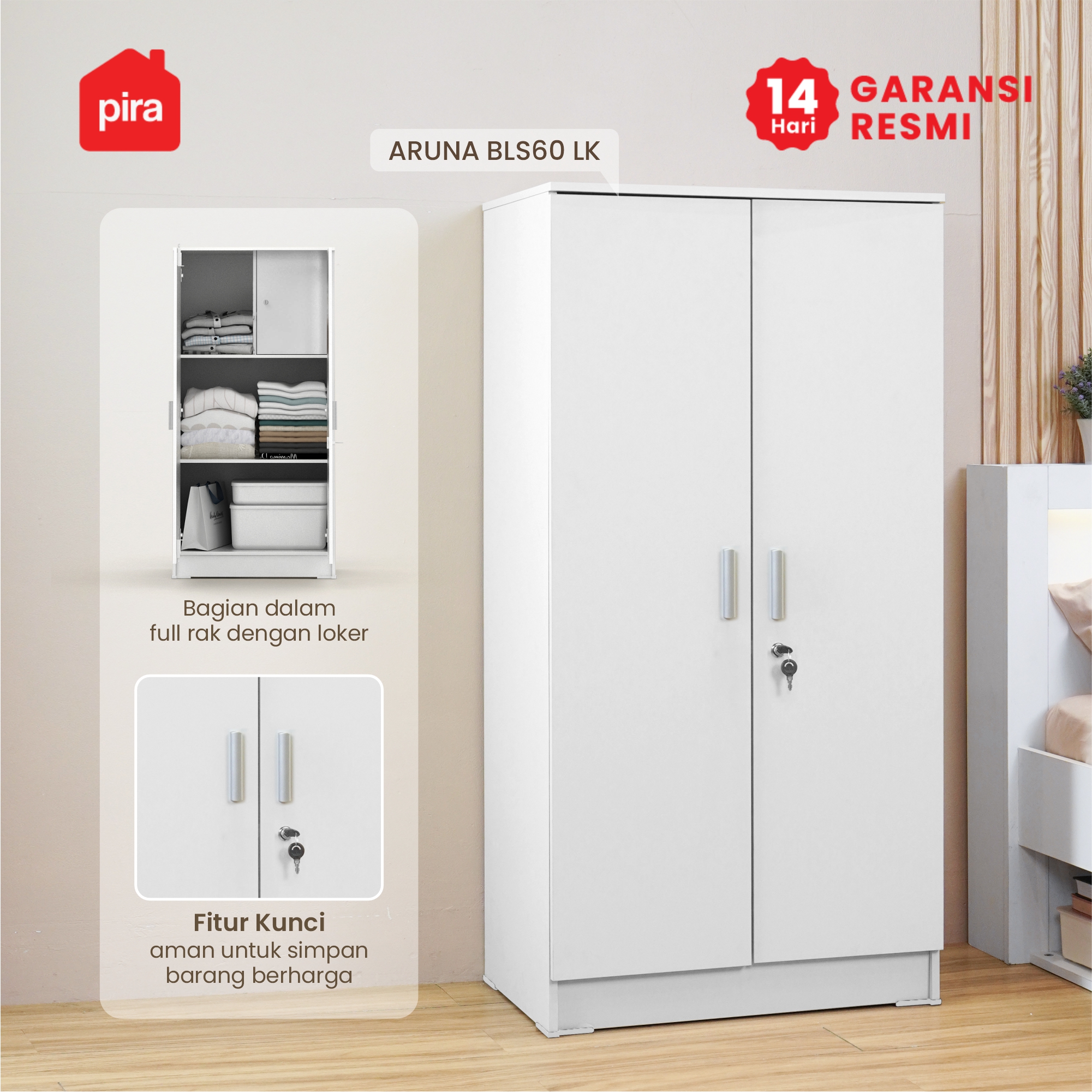 PIRA METROPOLIS OX - ARUNA BLS60 LK LEMARI PAKAIAN MEDIUM 2 PINTU FULL RAK DENGAN LOKER PENYIMPANAN warna WHITE - PIRA METROPOLIS OX - foto 4