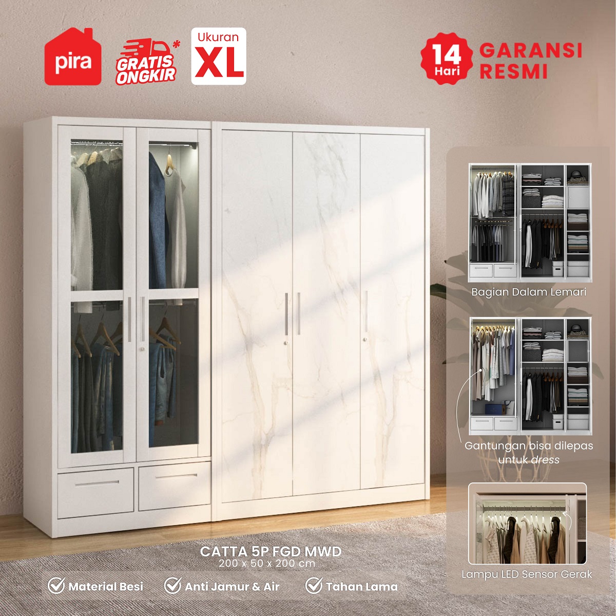 PIRA - CATTA 5P FGD MWD LEMARI PAKAIAN BESI 5 PINTU DENGAN LACI DAN LED warna WHITE - PIRA - foto 1