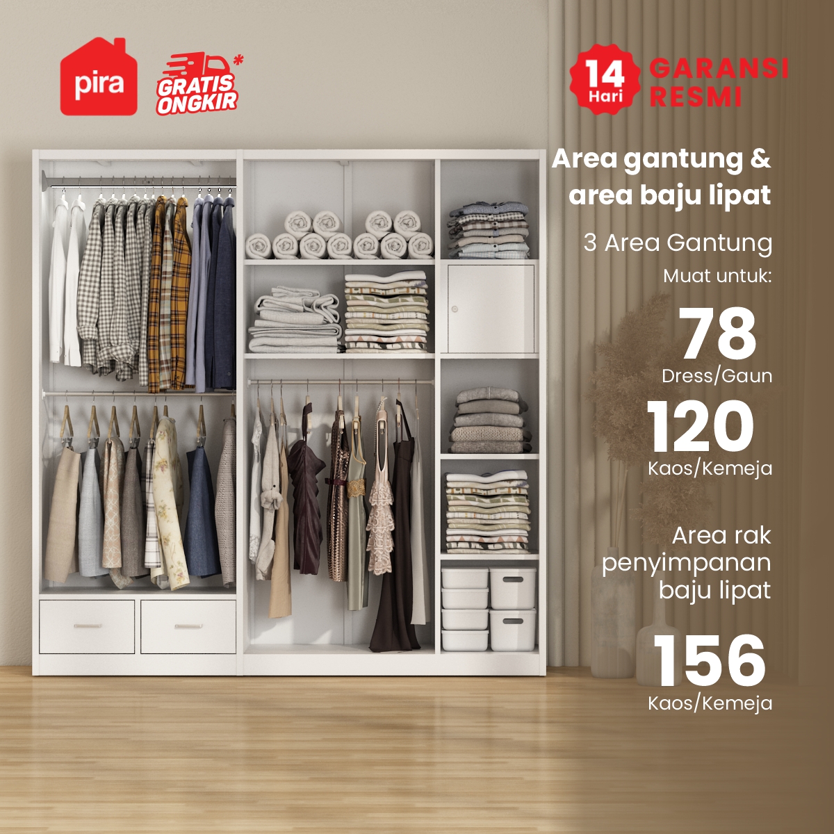 PIRA - CATTA 5P FGD MWD LEMARI PAKAIAN BESI 5 PINTU DENGAN LACI DAN LED warna WHITE - PIRA - foto 3